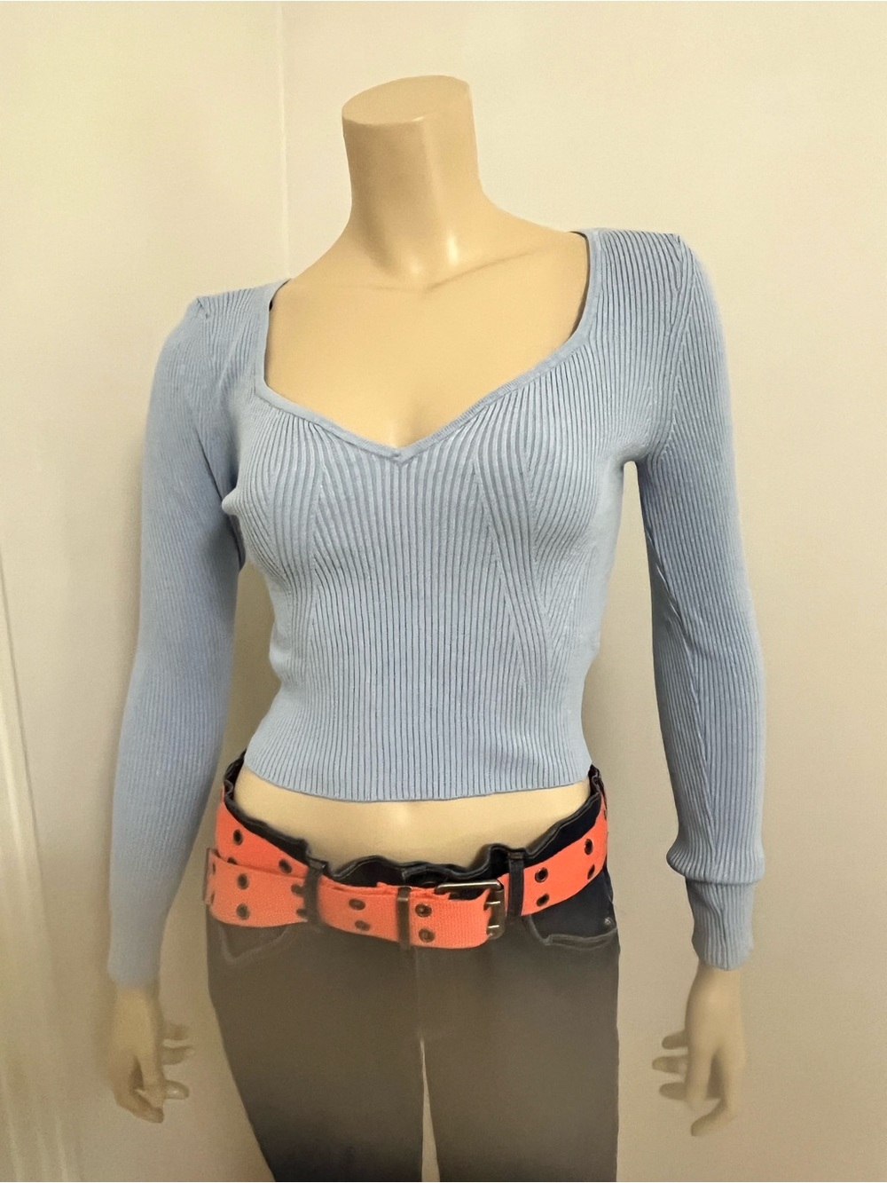 H&M Light Blue Ribbed V-Neck Long Sleeve Top